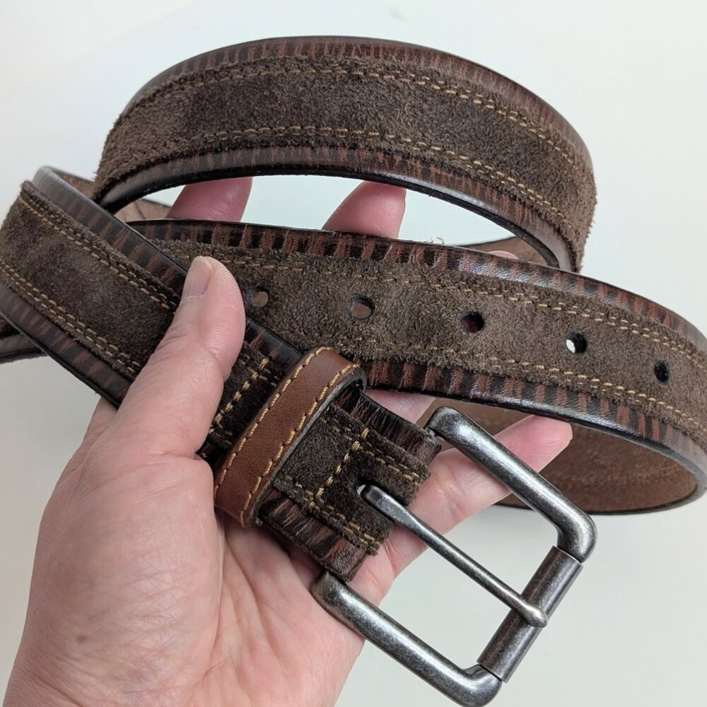 Johnston & Murphy Distressed Suede Overlay Leather Belt Brown Made in USA Sz:40